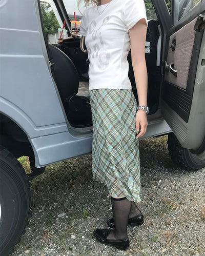 Waist ribbon detail check midi skirt