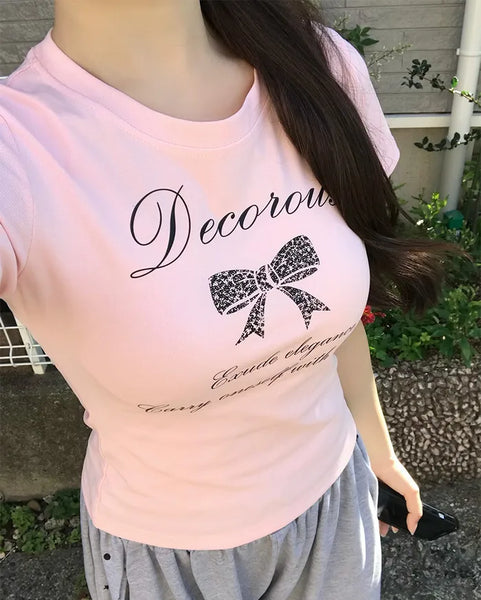 Ribbon Print Crop Short Sleeve T-Shirt
