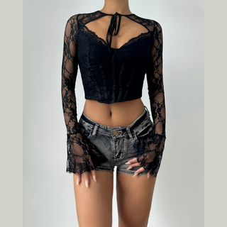 Long flared sleeve corset lace self tie top