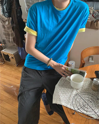 (Unisex) Two-tone layered cropped short-sleeve T-shirt