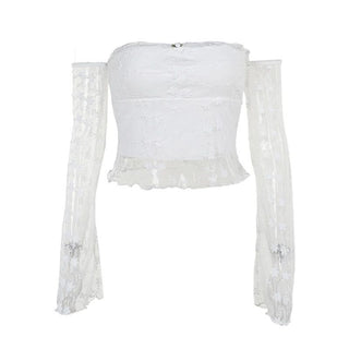 Off shoulder long sleeve mesh embroidery top