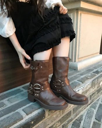 Faux Leather Mid-Calf Engineer Boots