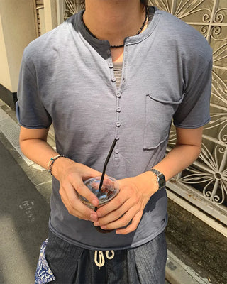 One-pocket slub henley neck short-sleeved T-shirt