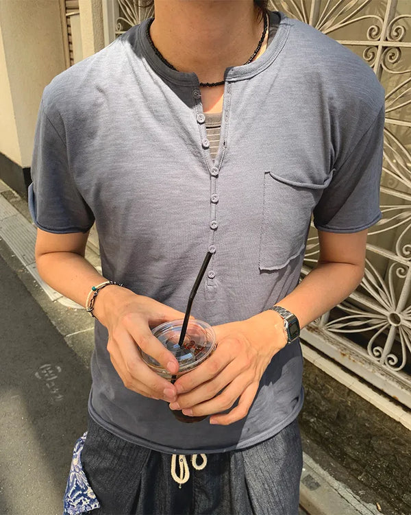 One-pocket slub henley neck short-sleeved T-shirt