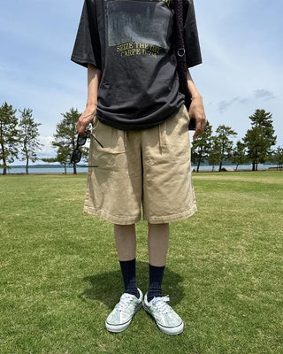 (Unisex) Cotton Wide Half Pants with Drawstring Waist