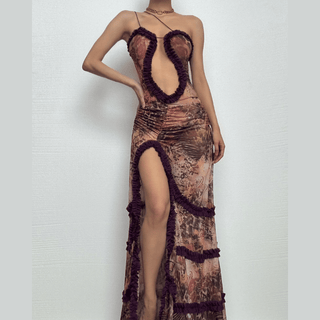 Ruffle spaghetti strap sheer mesh irregular slit maxi dress-final-sale