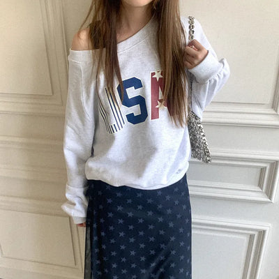 Lettering Off-Shoulder Sweatshirt