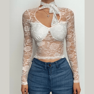 Self tie lace solid long sleeve hollow out cut out top