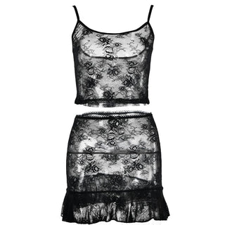 U neck lace solid see through bowknot cami mini skirt set