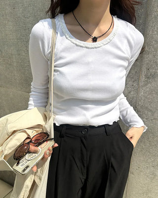 Lace neck long-sleeve T-shirt