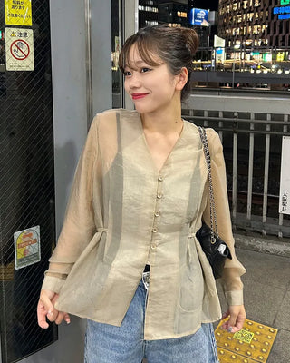 See-through balloon button blouse