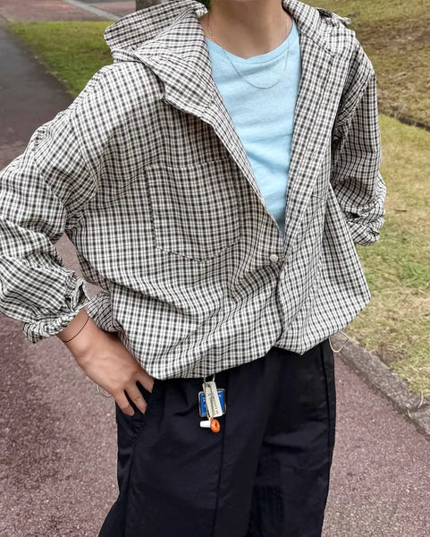 Gingham check oversized hoodie shirt