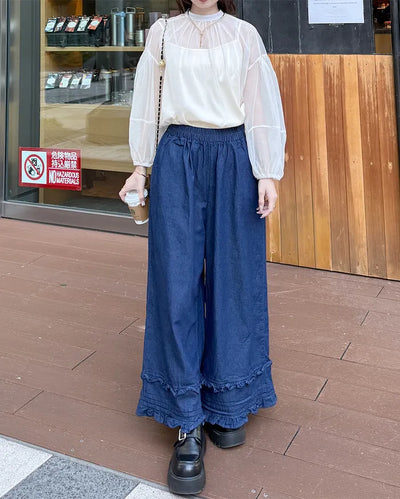 Frilled denim cotton wide-leg pants with elastic waistband