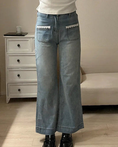 Lace pocket denim pants