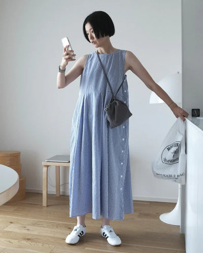 Side-button check dress