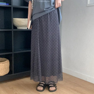 Checked mesh long skirt