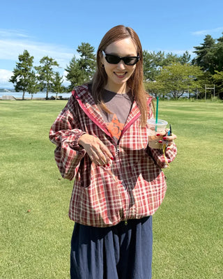 (Unisex) 2-Way Check Hooded Windbreaker