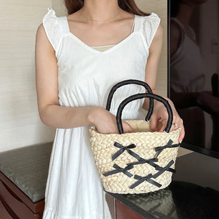 Ribbon Rattan Tote Bag