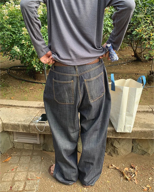 One-tuck indigo wide denim pants