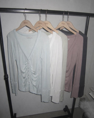 Sleeve Button Shirring V-Neck Cardigan