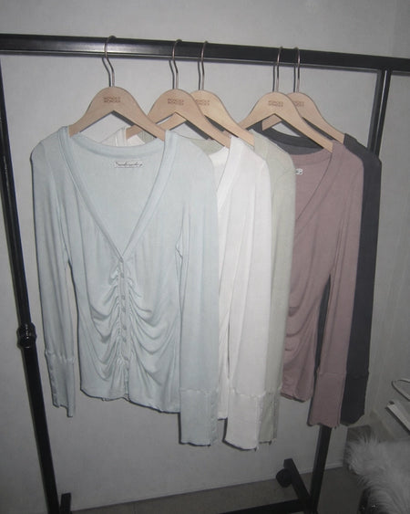 Sleeve Button Shirring V-Neck Cardigan