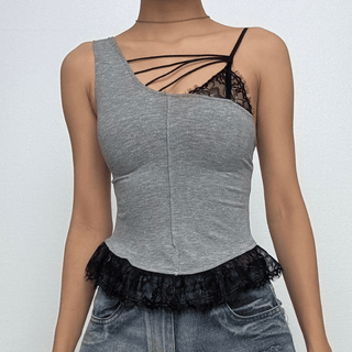 Irregular lace hem hollow out stitch patchwork cut out top