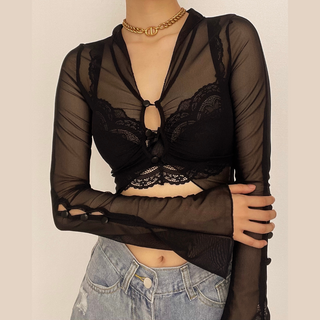 Sheer mesh see through button hollow out long sleeve crop cut out top