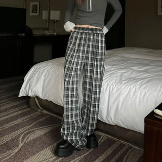 Checked wide banding pants