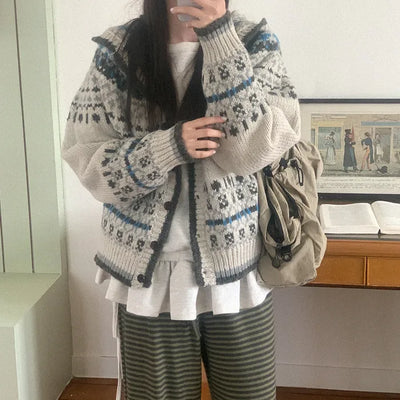 (3 colors) Nordic knit hooded cardigan