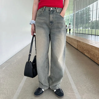 Gray wash denim wide pants