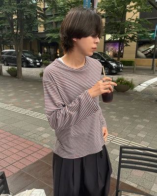 Striped boat neck summer long-sleeve T-shirt