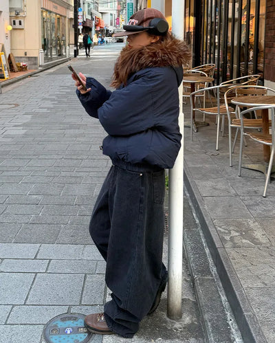 Button-up hooded fur padded jacket