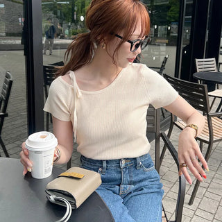Asymmetrical Ribbon Short-Sleeve Knit