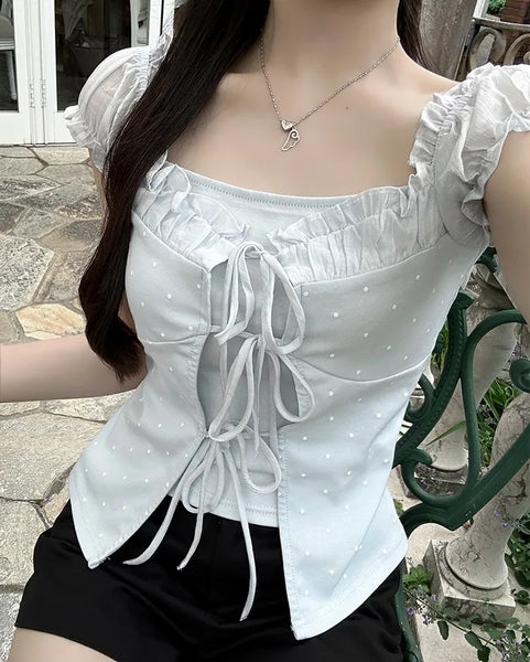 Frill Ribbon String Short Sleeve T-Shirt