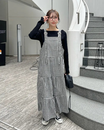 Checked belt long dress