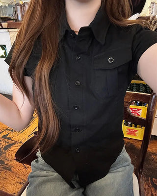 Flap pocket cropped short-sleeved shirt