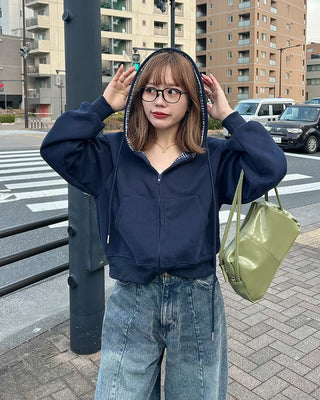 Checked hooded zip-up parka