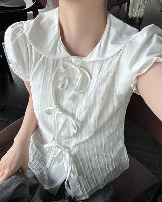 Round collar ribbon detail blouse