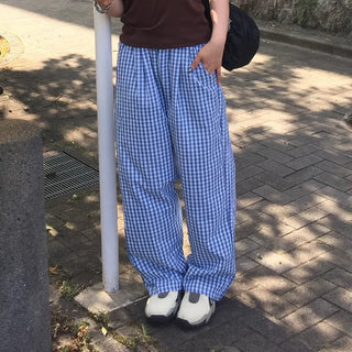 Gingham check wide seersucker pants