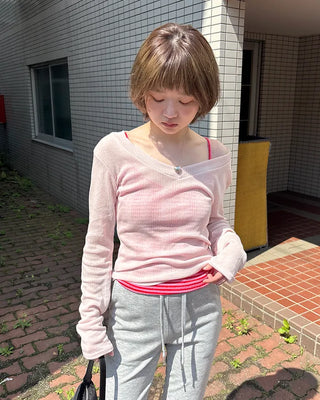 V-neck sheer long-sleeve knit