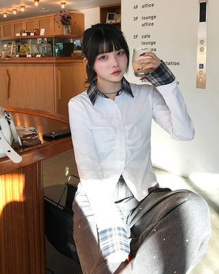 Checked two-tone gathered neck shirt
