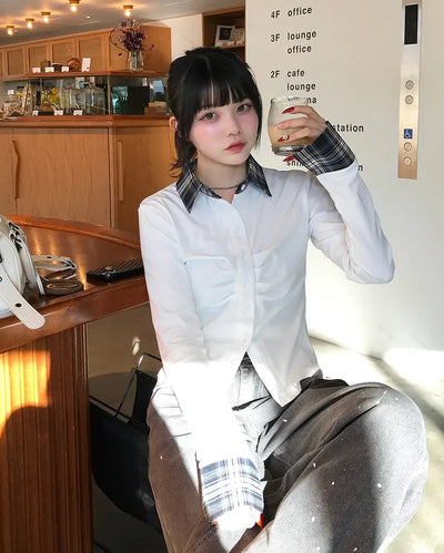 Checked two-tone gathered neck shirt