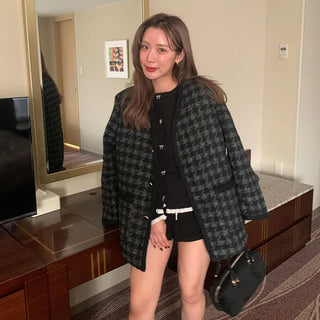 Houndstooth check V-neck jacket