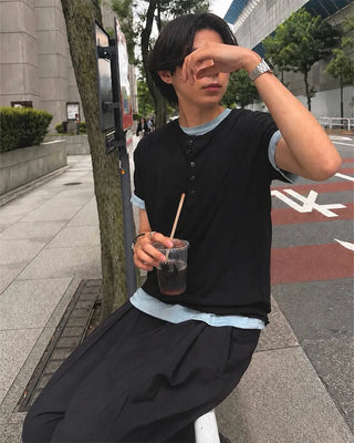 Henley neck simple short-sleeved T-shirt