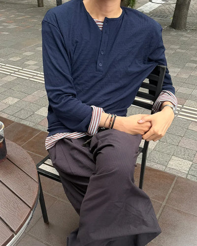 Henley neck summer long-sleeved knit