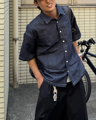 Stitched denim half-sleeve shirt
