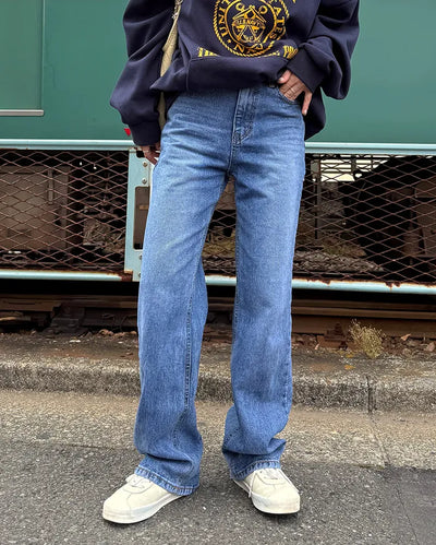Washed wide denim pants