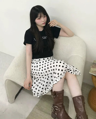 Polka Dot Frill Hem Midi Skirt