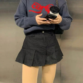 Pleated denim mini skirt