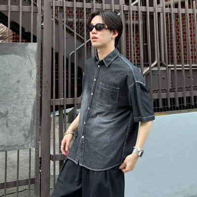 (Unisex) Washed Denim Short-Sleeve Shirt